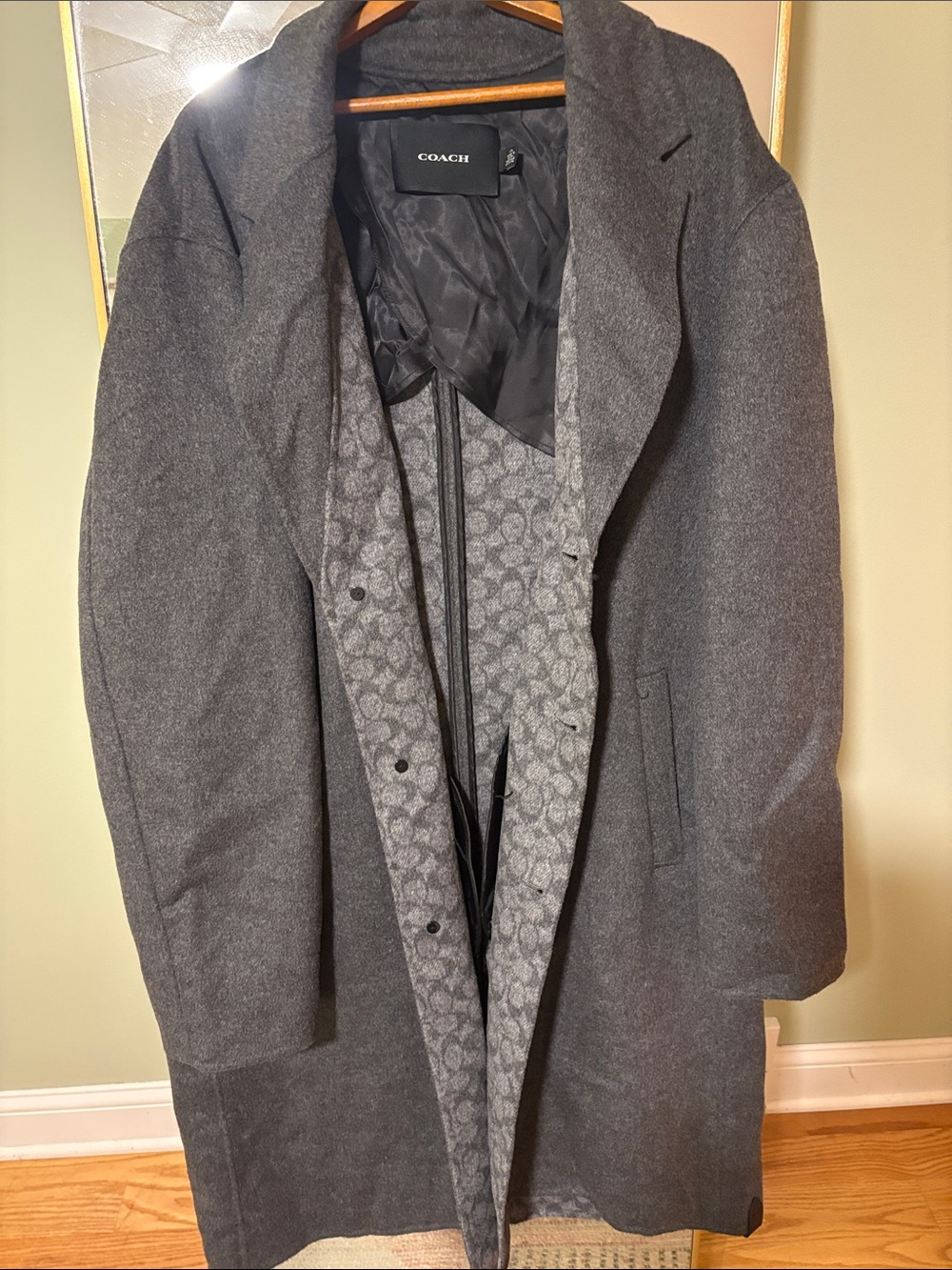 Coach Men's Charcoal Gray Wool Top Coat with Patterned Lining